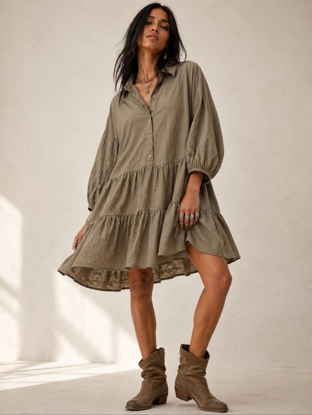 Free People Keep Away Tiered Cotton Button Front Tunic Dress Olive L